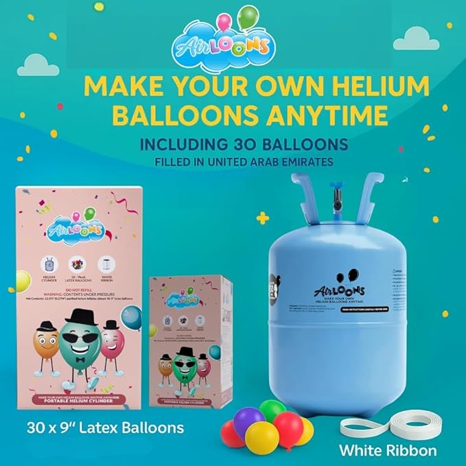 Airloons Purified Helium Tank - Inflate up to 30 Latex Balloons | 7 cu. ft. Helium Tank for Balloons at Home | Balloon Pump Kit for Birthday Decorations, Valentine's Day Home Decorations