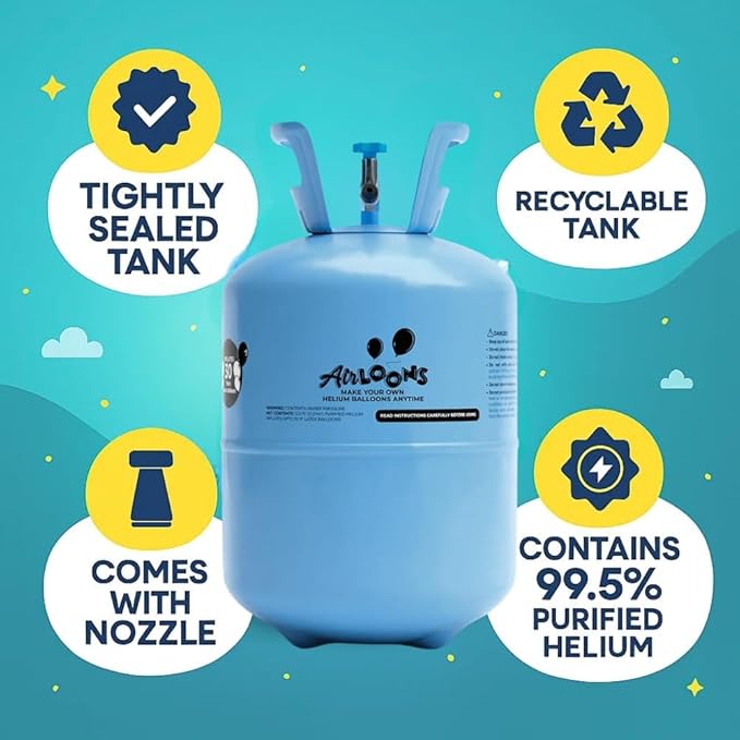 Airloons Purified Helium Tank - Inflate up to 30 Latex Balloons | 7 cu. ft. Helium Tank for Balloons at Home | Balloon Pump Kit for Birthday Decorations, Valentine's Day Home Decorations