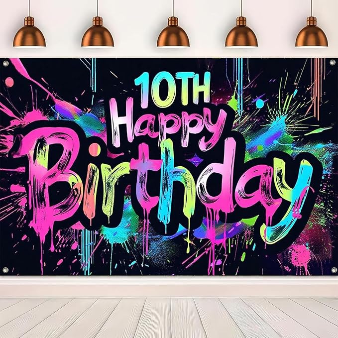 Neon 10th Happy Birthday Banner 71x43 Inch Paint Splatter Glow in The Dark Party Backdrop Colorful Wall Decor for Kids Boys Girls Tenth Birthday Celebrations Photo Booth Event Supplies partyjju`sexclusive
