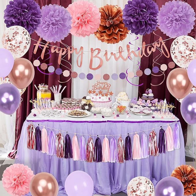 Upgraded Rose Gold Purple Birthday Party Decorations Kit with Happy Birthday Banner,Swirls Garlands,Tissue Paper Pompoms,Circle Dots Garland,Tassel Garland,DIY Cake Topper